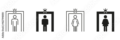 Security Checkpoint Metal Detector Icon Set. Airport Security, Safety Screening, And Access Control Outline And Silhouette Symbol Collection. Public Safety Measures. Isolated Vector Illustration