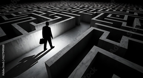 A businessman navigates a complex maze representing challenges and solutions in a business career