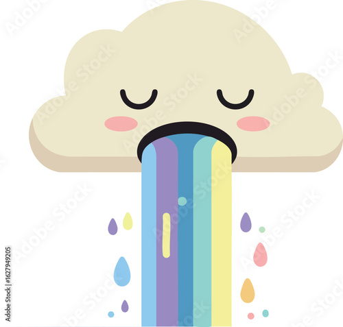 Cloud with closed eyes vomiting rainbow drops vector illustration in pastel colors 