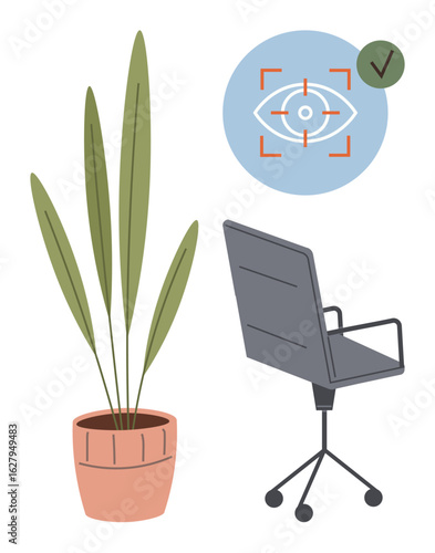 Potted green plant, office chair, and eye recognition symbol with checkmark. Ideal for workplace, modern office, security, technology, productivity sustainability and comfort themes. Simple flat