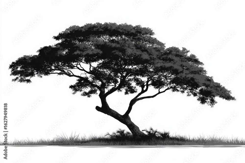 Fototapeta premium Silhouette of a majestic tree with intricate branches set against a stark white background at sunset