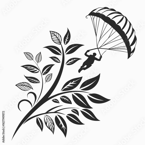 Parachutist with parachute and plant isolated on white background