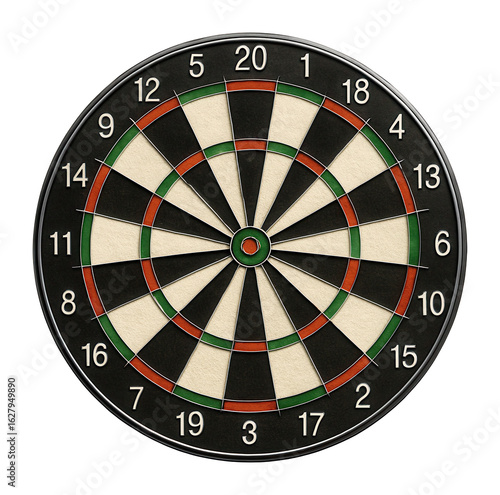 Traditional dartboard displaying numbered scoring sections with black, white, green, and red colors on transparent background.