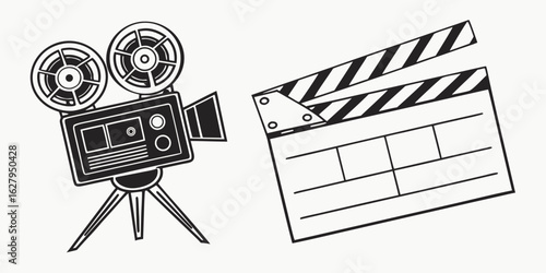 Illustration of a vintage film camera and clapperboard isolated on white background