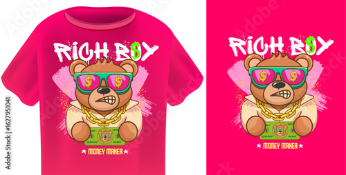 Rich Boy Cool Teddy Bear T-Shirt Design Vector with Stylish Bear with summer Sunglasses, Gold Chain, and Money. Print design Perfect for Urban Fashion with cool funky billionaire Bear, Rich club