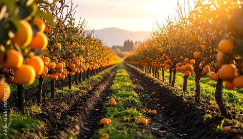 Walking Through Fruit Orchard at Sunset with Ripe Fruit on Trees