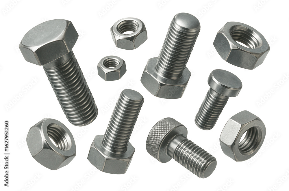 Fototapeta premium A collection of various metallic bolts and nuts with threaded designs on transparent background.