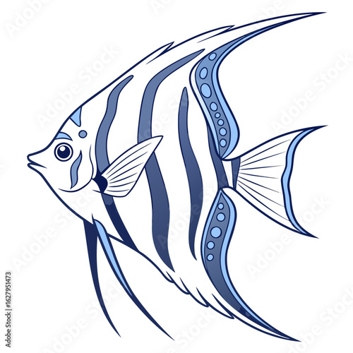 Illustration of a beautiful blue and white striped angelfish isolated on white background