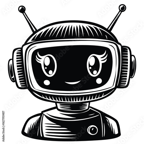 Adorable female robot character with large eyes and smile