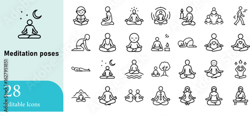 A set of twenty eight meditation poses vector icons suitable for yoga wellbeing relaxation practices and holistic mental health concepts