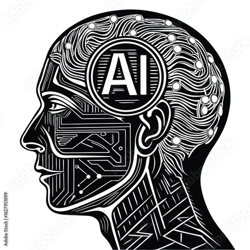 AI Brain Circuitry Human Head Silhouette Keywords: AI, artificial intelligence, brain, head
