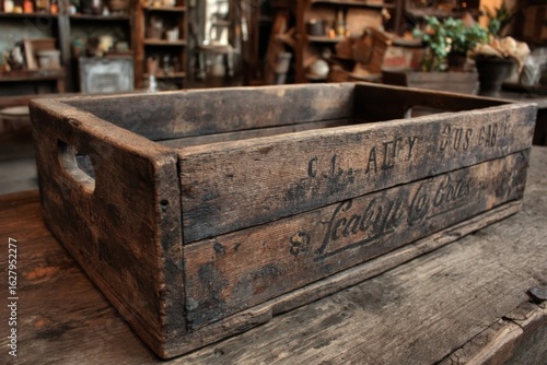 Vintage wooden crate displayed in a rustic shop filled with antique items and curiosities