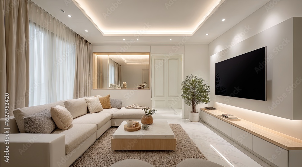 Modern beige living room with a TV