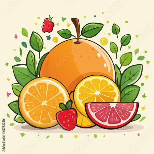 Vibrant citrus and berry medley: a refreshing cartoon style fruit composition