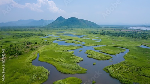 High-angle view of a vast wetland area with winding waterways, lush green grass, and distant hills