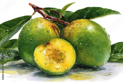 Fresh green mangoes resting on a surface with water droplets, showcasing vibrant colors and textures