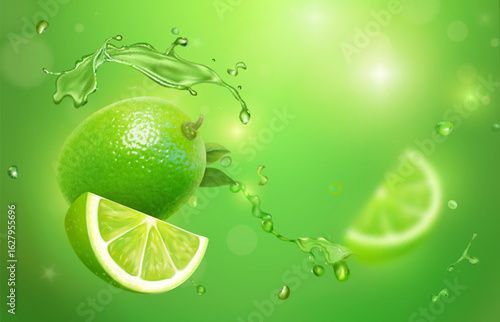 Falling slice lime fruit into green mojito. 3d realistic vector illustration. Green citrus beverage Packaging design elements. Juicy advertising citrus. Cocktail juice.