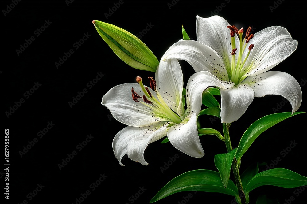 Fototapeta premium White lilies bloom gracefully in a dark setting, showcasing their delicate petals and vibrant green leaves