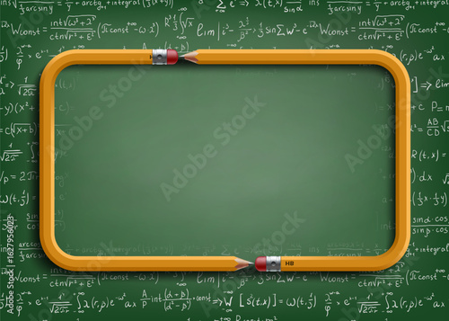School green chalk board with pencil frame. On the background of mathematical formulas. Vector back to school banner mockup
