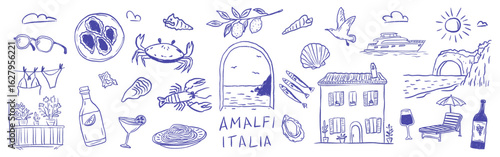 Playful Italian summer collection of coastline symbols, featuring balcony, lobster, house, seagull, yacht, pasta and accents with summer vacation mood. Relaxed crayon sketch vector illustration.
