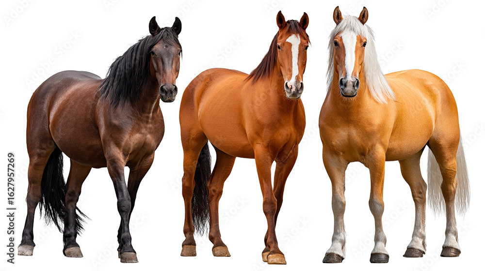 Obraz premium Equestrian Trio: A striking composition of three majestic horses, each showcasing unique coat color and elegant posture, embody the power and grace of equine beauty.