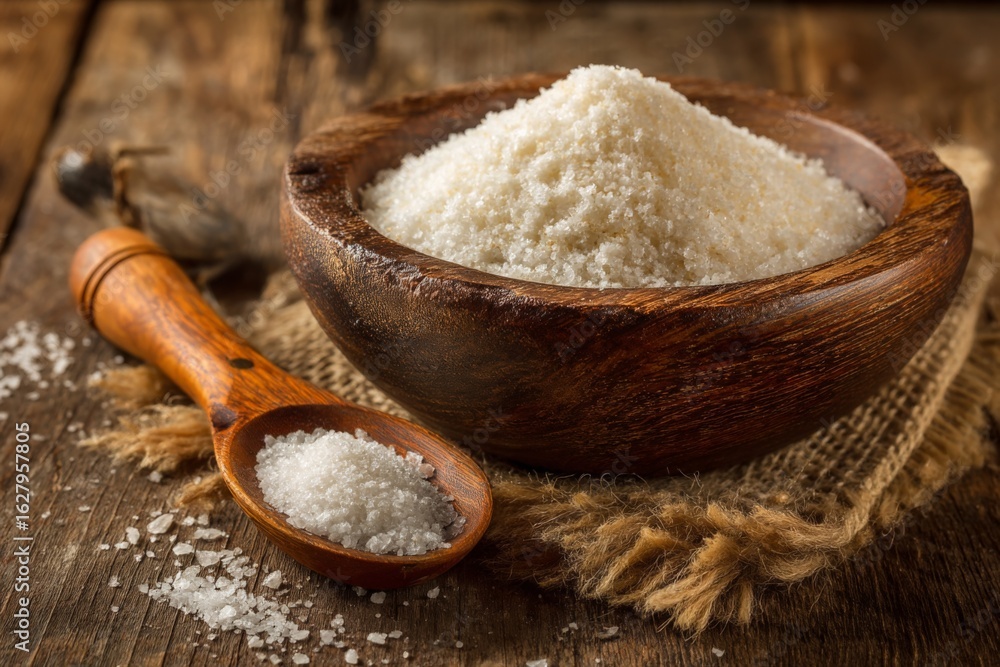 Fine white salt in a rustic wooden bowl with a spoon on a wooden table Fine white salt in a rustic wooden bowl with a spoon on a wooden table
