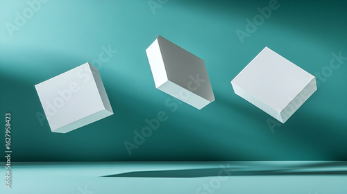 Three white boxes float in a teal room with light and shadow play
