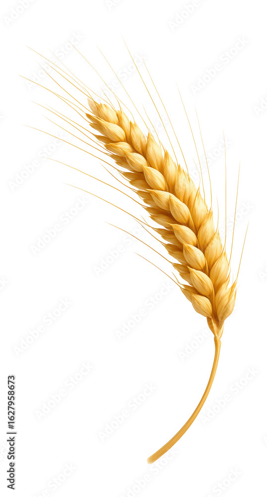 Detailed illustration of a golden wheat ear with long awns and plump grains on transparent background. Detailed illustration of a golden wheat ear with long awns and plump grains on transparent background.