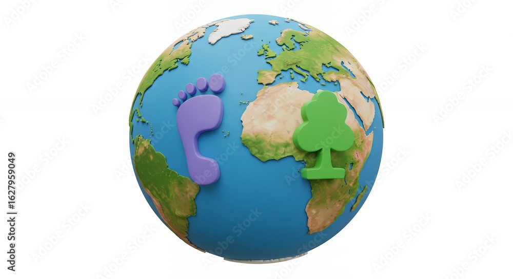 Fototapeta premium Earth globe graphic with footprint and tree symbol