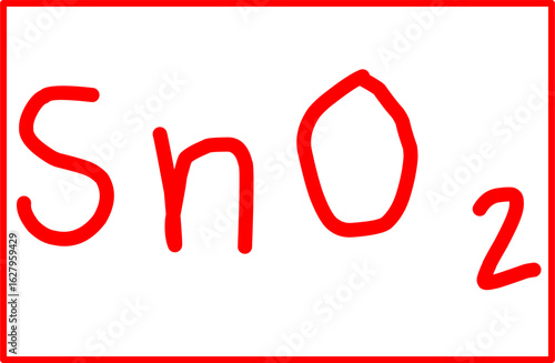 Handwritten red chemical formula SnO₂ (tin dioxide) on white background. Ideal for educational, scientific, or chemistry-related content in print or digital media.