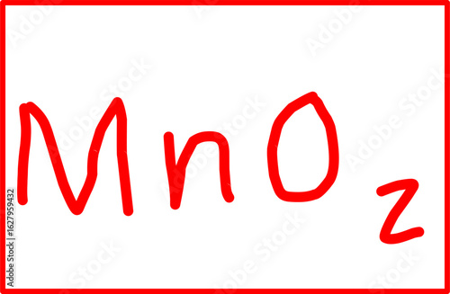 Handwritten red chemical formula MnO₂ (manganese dioxide) on a white background. Perfect for educational, scientific, chemistry, or academic content in digital or print use.
