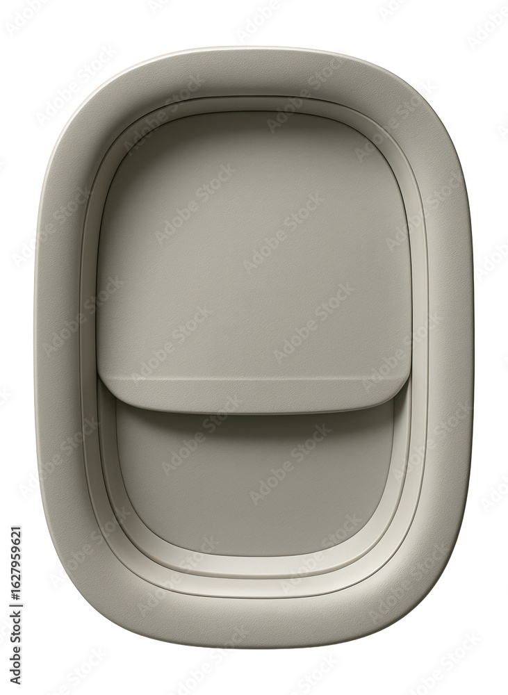 Obraz premium Top view of a closed light gray plastic airplane window shade on transparent background.