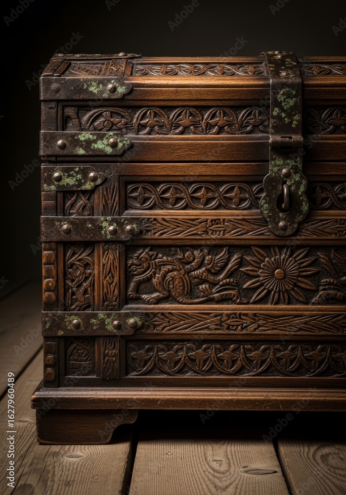 Fototapeta premium Antique Carved Wooden Chest - A richly detailed antique wooden chest, showcasing intricate carvings of mythical creatures and floral patterns.