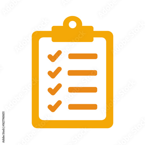 Orange clipboard icon with four checkmarks and horizontal lines indicating document completion, concept for task management, progress tracking and form processing solutions