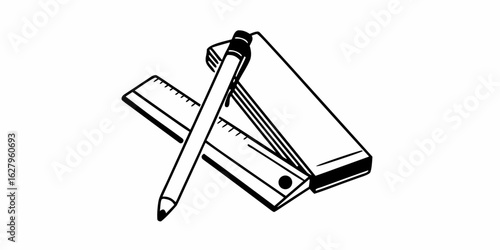 Illustration of a pencil resting on a ruler and a closed sketchbook on a white background surface