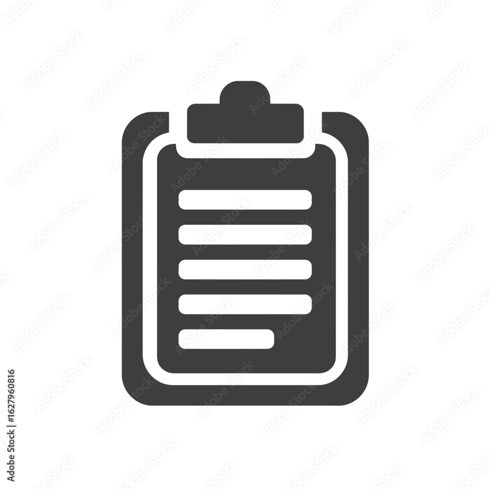 Dark grey clipboard icon with paper and checklist marked information, concept for project management, data organization and task tracking. Dark grey clipboard icon with paper and checklist marked information, concept for project management, data organization and task tracking.
