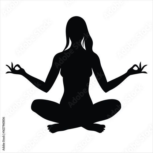 Silhouette of a woman in a Meditative Pose or Hero Pose (Virasana) with crossed legs and raised arms, hands in a mudra gesture symbolizing peace and mindfulness