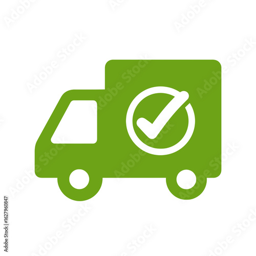 Green delivery truck icon with a white check mark signifying completion, concept for shipping confirmation, order fulfillment and logistics tracking.