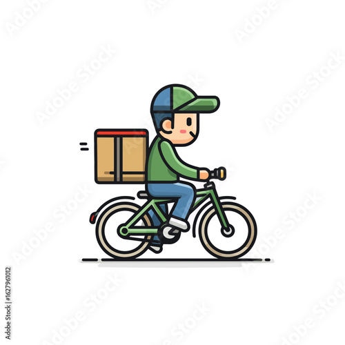 Cartoon illustration of a delivery man riding a bicycle with package, concept for food delivery, package delivery, and express shipping service