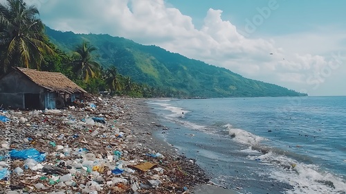 Polluted beach with plastic debris on a tropical coast