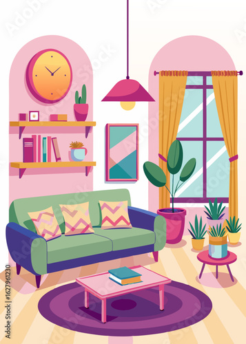 Moderna sala de estar rosa con sofá, mesa de centro y decoración femenina. Muebles femeninos con elegantes detalles en tonos pastel y elementos decorativos acogedores.