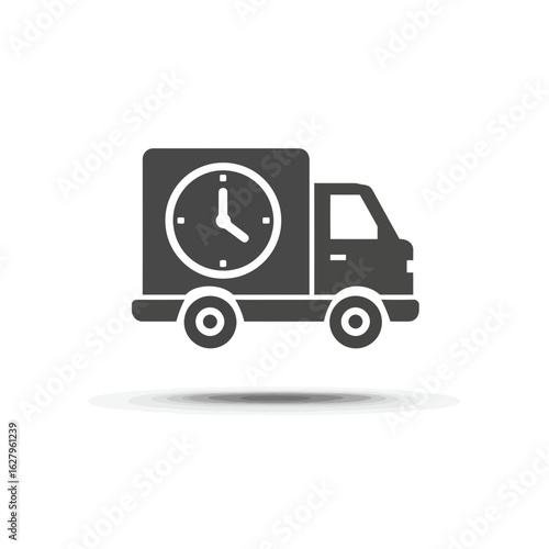Black truck icon with clock indicating speed and efficiency in delivery, concept for timely services, express shipping and deadline management