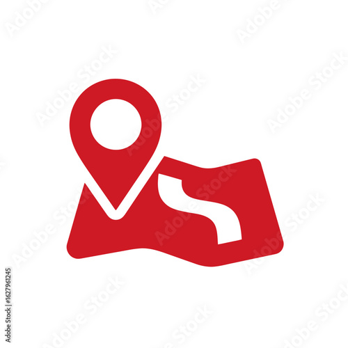Red map icon with location pointer marking a route, concept for travel planning, delivery service indication and direction assistance for navigation
