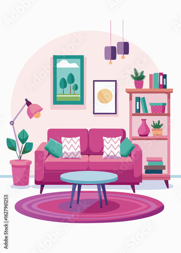 Moderna sala de estar rosa con sofá, mesa de centro y decoración femenina. Muebles femeninos con elegantes detalles en tonos pastel y elementos decorativos acogedores.