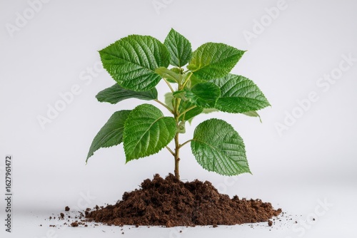 Growing sapling with vibrant green leaves emerging from rich soil indoors