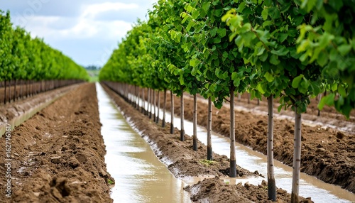 Wallpaper Mural Water Flowing Through Tree Farm Row on Cloudy Day Torontodigital.ca