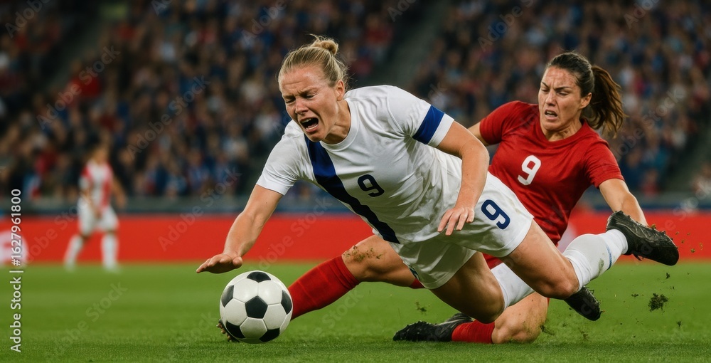 Fototapeta premium Competitive action between two female soccer players on the field