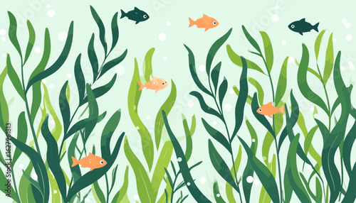 A vibrant underwater illustration of orange and dark green fish swimming through a dense forest of green seaweed with rising bubbles.