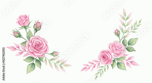 Vector Floral Botanical SVG Illustration with Pink Roses and Green Foliage in Minimalist Flat Style for Digital Design