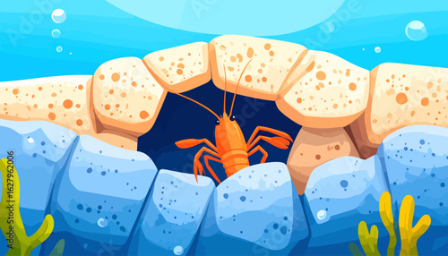Cute orange cartoon shrimp with long antennae emerging from a dark rocky crevice.